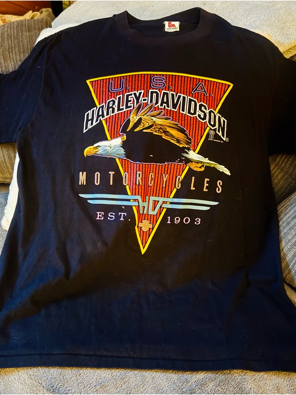 SINGLE STICH Harley-Davidson Black Tee with Eagle Triangle Graphic Vintage 90's